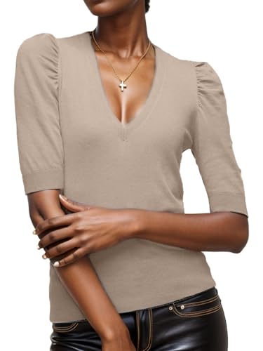 Women's V Neck Puff Sleeve Sweater Pullovers Lightweight Work Ofiice Knitted Tunic Tops3