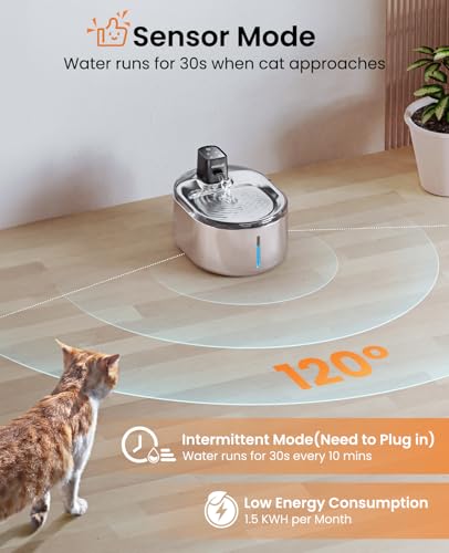 oneisall 4L Trinkbrunnen für Katze Kabellos Edelstahl, Katzenbrunnen Kabellos mit Bewegungsmelder, 60 Tage Betriebszeit pro Ladung, super Leise Pumpe, Filter, Wasserbrunnen für Katzen, Kleiner Hund