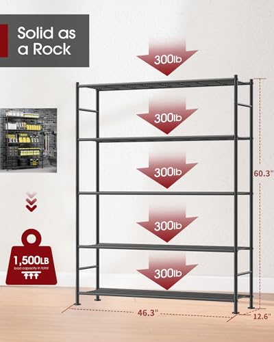Image of Sakugi Storage Shelves - 5 Tier Shelf Organizer, Heavy Duty Garage Shelving Unit with Leveling Feet, Stable Metal Shelves Organizer for Pantry, Kitchen and Closet, 46.3 inch W x 12.6 inch D x 60.3 inch H, Black