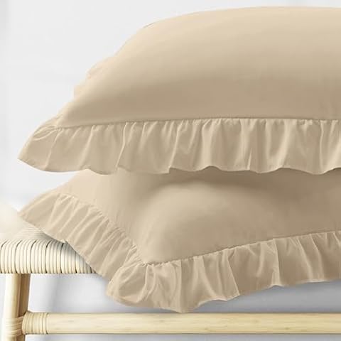 KKJIAF Ruffle Pillow Cases Queen Size Set of 2, Ruffled Pillow Covers with Envelope Closure, Wrinkle Resistant Pillowcases 20" x 30", Ruffled Pillow Shams, Khaki Cover