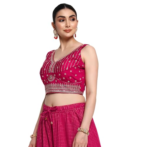 Women’s Embroidered Designer Blouse Readymade Saree Sari Lehenga Choli Sleeveless Crop Top Wedding and Party Wear Magenta - Thumbnail 5