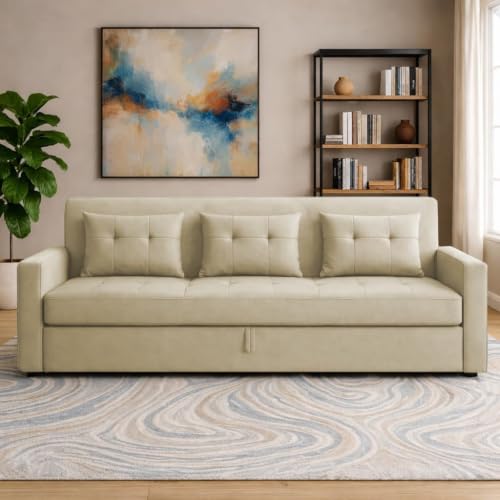 Image of Casaliving Treshta Seater Pull-Out Premium Fabric Sofa Cum Bed Sofa Set for Living Room Premium Fabric Sofa Set for Living Room Sofa Cum Bed (Cream, 3 Seater)