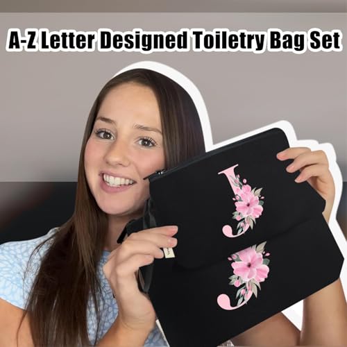 Image of Vavabox A-Z Personalized Makeup Bag, Birthday Gifts for Women Mom, Gifts for Best Friend, Bride Bridesmaid Cosmetic bag (J, 04-Black Set)