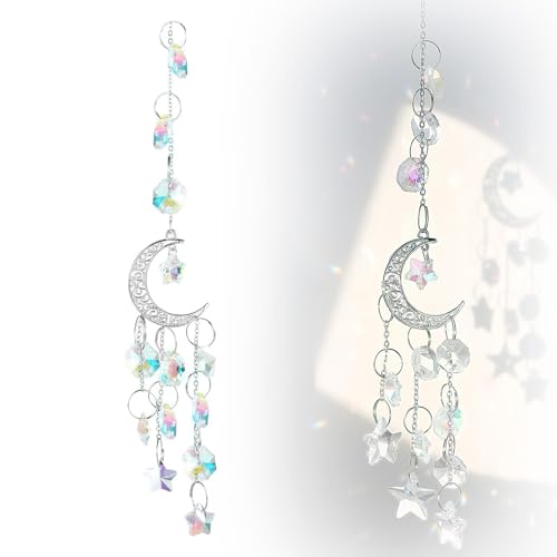 Sun Catchers– Hanging Moon and Star Rainbow Crystal Suncatchers with Prisms for Garden Ornaments Outdoor, Window Crystals, Rainbow Maker Light Catcher for Car, Home, Office, Valentine's Decor