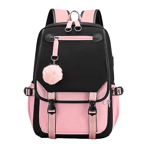 Mochila para niñas adolescentes para estudiantes de secundaria, mochila al aire libre con puerto USB, mochila elegante para mujeres (negro, talla única), Negro, Talla única
