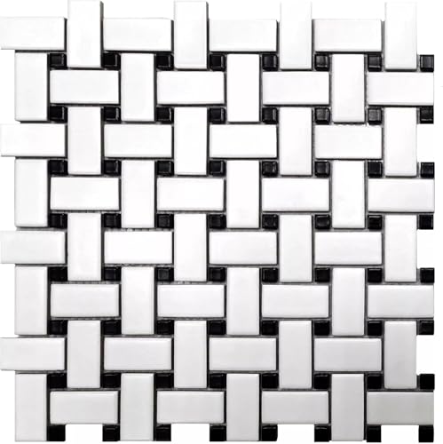 Tenedos HTC411 Black and White Matte Basketweave Porcelain Mosaic Tile – 5 Sheets for Shower Floors, Bathroom Walls, Backsplashes & Fireplace Accents (12x12 Inches)