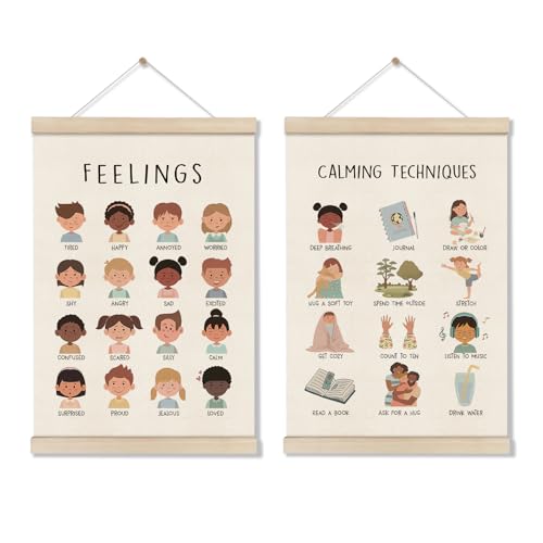 Image of Feelings Chart, Emotions Learning Posters for Toddler, Mental Health Posters Hanger Frame, Set of 2 Kids Montessori Educational Artwork, Canvas Wall Art Decor for Counseling Office 16x12 Inch