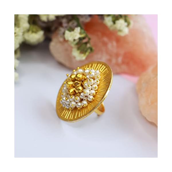 I Jewels Gold & Silver Plated Ethnic Adjustable Brass Finger Ring Embellished With ghungroo and pearl (FL220-1) - Image 6