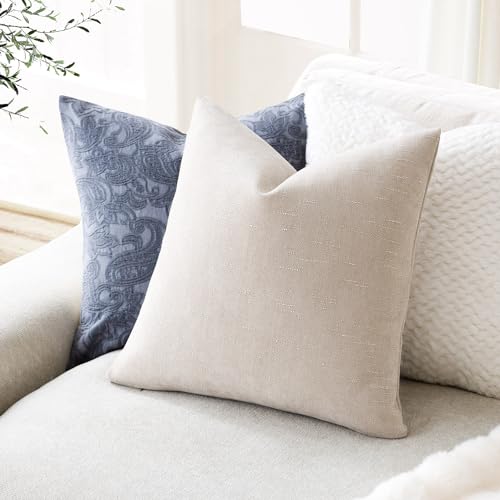 Image of Foindtower Pack of 2 Soft Textured Throw Decorative Pillow Covers Square Accent Solid Cushion Cover Cozy Farmhouse Pillow Case with Zipper for Couch Sofa Bedroom Living Room 20x20 Inch, Light Beige