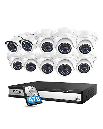 ZOSI 16CH 4K PoE Security System, 10pcs 5MP Bullet Dome Metal Cam, 4TB HDD