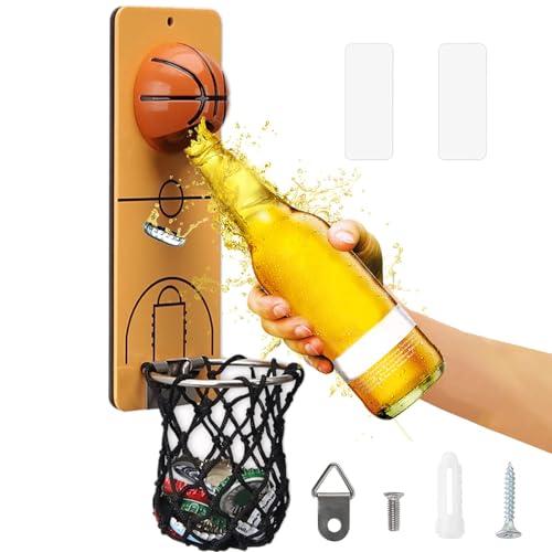 Image of Magnetic Bottle Opener with Catcher, Basketball Wall Mount Metal Beer Bottle Opener, Novelty Beer Gift Ideas for Men, Great Home Bar Accessories, Birthday Gifts (Basketball)