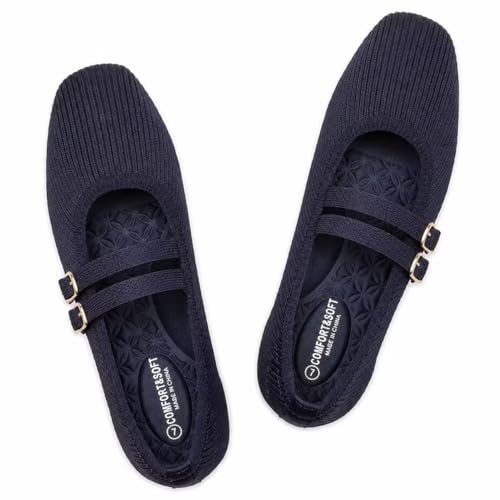 Image of Frank Mully Women's Flats Square Toe Mary Jane Shoes Ballet Flats with Strap Comfortable Slip On Knit Shoes Dressy Casual