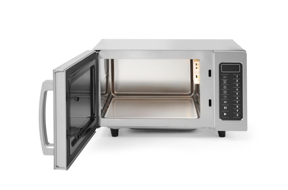 HENDI Micro-ondes, 1000W, 10 programmes par default, diamètre max. des plats: 320mm, puissance d'entrée 1550W, 25L, 230V, 511x432x(H)311mm, chambre 327x346x(H)200mm, inox