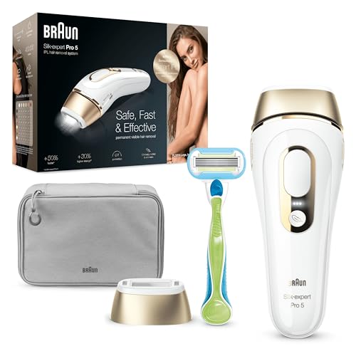 Braun IPL Silk Expert Pro 5, depilación permanente visible para mujeres y hombres, con bolsa premium y maquinilla de afeitar Venus, alternativa para depilación láser, PL5014, blanco/dorado