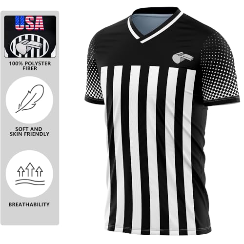 CUEJDSA Referee Shirt Jersey Uniform,V Neck Ref Costume Shirt for Men,Referee Jersey for Soccer(Black & White, Size L)