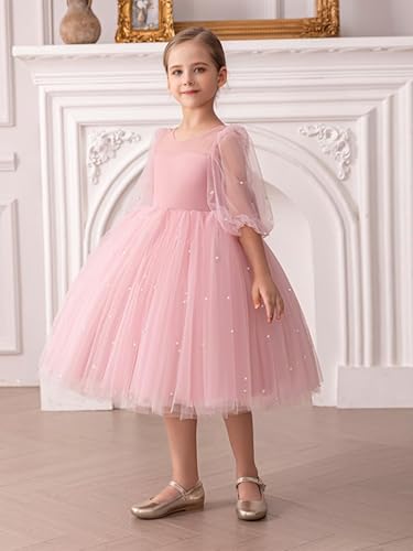 Pearls Tulle Flower Girl Dress for Wedding Bow Knot Satin Half Sleeve Short V-Back Crew Neck Party Prom Tutu Dress4