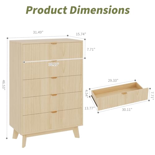 Garvee 5 Drawer Dresser, 32 Inch Tall Mid Century Modern Dresser Drawers, Waveform Fluted Side Table, Wood Drawer Organizer for Bedroom Living Room, Hallway, Natural Oak