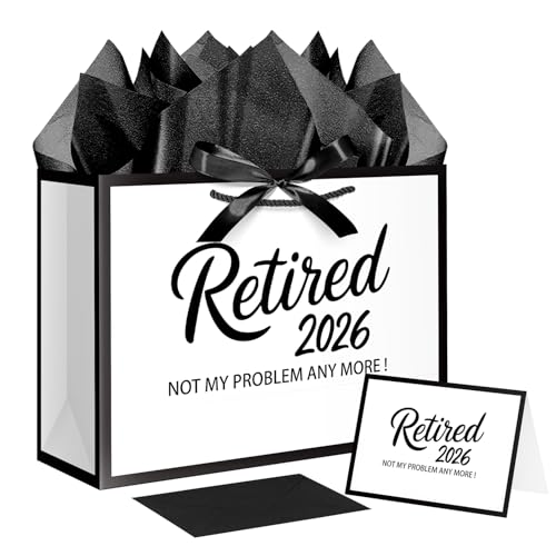 JWSCYSY 12.6 White and Metallic Black Retirement Gift Bag with Tissue Paper Retired 2026 Gift Bag with Greeting Card for Men Women Retirement Party Decorations Supplies