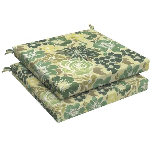 LVTXIII Outdoor Chair Cushions 19"x19"x2" Pack of 2, Water-Repellent Square Corner Memory Foam Seat Cushions with Ties for Garden Patio Furniture, Green Rose