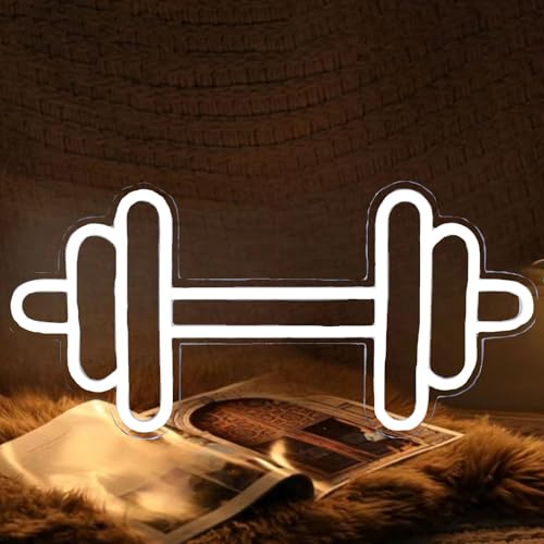 Image of Dumbbell LED Neon Sign for Home Gym Decor - Dimmable White Light for Wall Decor, Sports Workout Room - Men Women Gift - 15.7x7.9IN