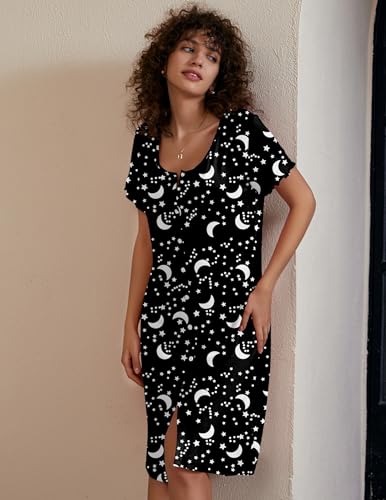 Image of Ekouaer Women's Nightshirt Short Sleeve Button Down Nightgown V-Neck Sleepwear Pajama Dress