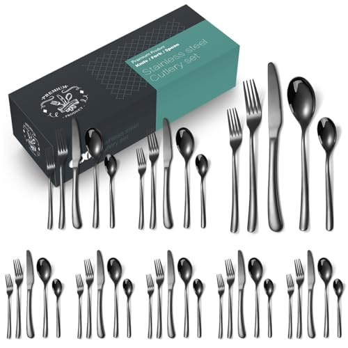 MURRI&MURRDI 40-Piece Stainless Steel Flatware Set for 8 - Heavy-Duty Reusable Cutlery with Case - Dishwasher Safe Utensils for Home, Travel, Camping (Black)