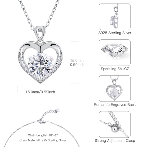 Heart Necklace for Women, 925 Sterling Silver Diamond Pendant Necklaces for Women Engraved with 'I LOVE YOU', Jewelry Gifts Anniversary Birthday Gift for Mom Wife Women Gifts for Her3
