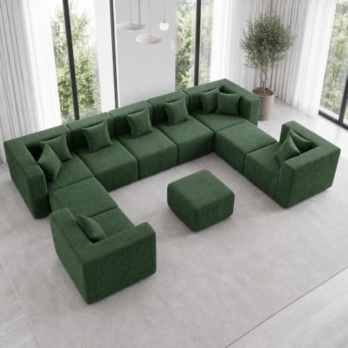 Image of MONVANE 158 inch U-Shaped 10 Seat Modular Sectional Cloud Couch, Forest Green | Sectional Couches for Living Room, High Supportive Backrests, Movable Ottomans, Deep Seat, No Assembly Required