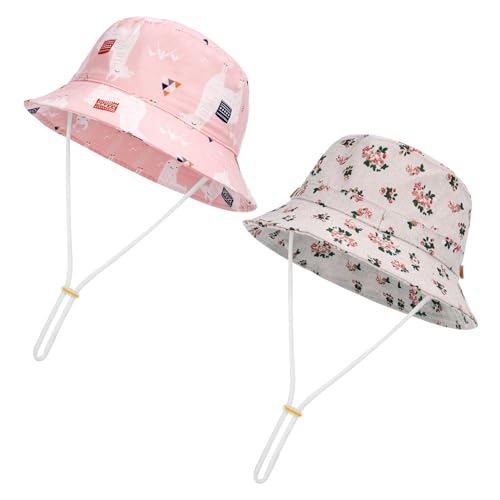 2 Pieces Toddler Sun Hat Kids Bucket Sun Hat Baby Cute Print Summer Hat with Adjustable Head Drawstring and Chin Strap Outdoor Kids Summer Protection Bucket Hats,2-5Years Pink,White