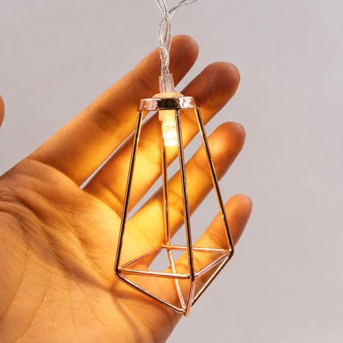 Image of MoonlitDreams 10ft 20 LED Rose Gold Geometric Diamond Fairy String Lights, Metal Water Drop Cage Copper Wire Lights, Battery Operated for Home Decor, Wedding, Christmas & Garden (Pack of 1)