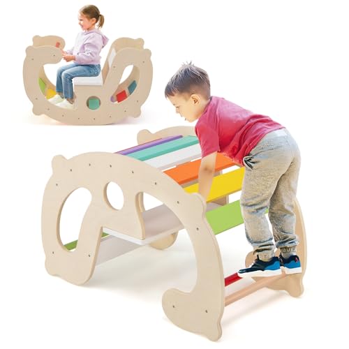 GOPLUS 2 en 1 Arche Escalade Montesorr Enfants, Arche à Bascule Cheval à Bascule en Bois avec Dossier et Siège, Jeu d'apprentissage d'Intérieur pour Enfants 1 Ans+, Charge 50KG