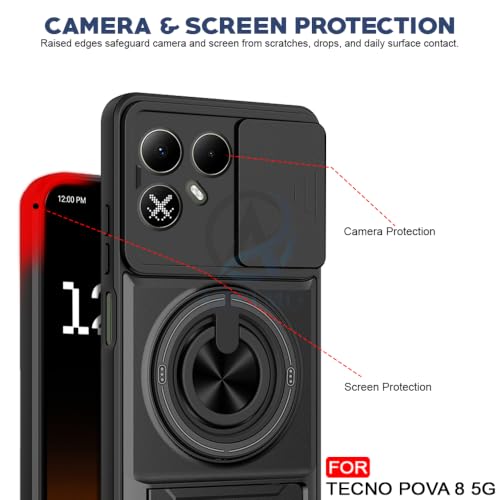 Image of AESTMO Tecno Pova 8 5G Back Cover | Armor Camera Slider 360 Degree Rotating Finger Ring Holder Case with Bracket Stand Back Case Cover (Compatible with MagSafe Accessories) (Black)