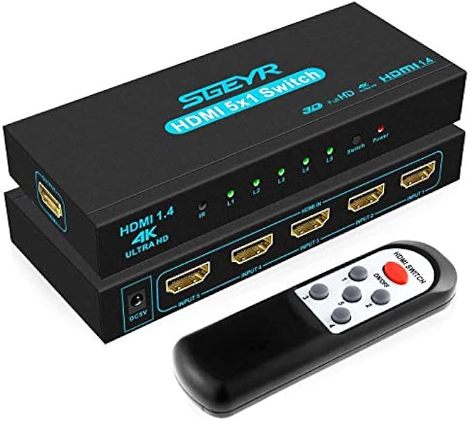 HDMI Switch SGEYR 5x1 HDMI Switcher 5 in 1 Out HDMI Switch Selector 5 Port Box with IR Remote Control HDMI 1.4 HDCP 1.4 Support 4K@30Hz Ultra HD 3D 2160P 1080P