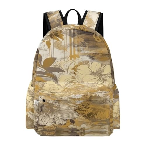 Gold And Beige Flowers Printed Backpack Water-Resistant Pack Stylish Bag Lightweight Travel Backpack