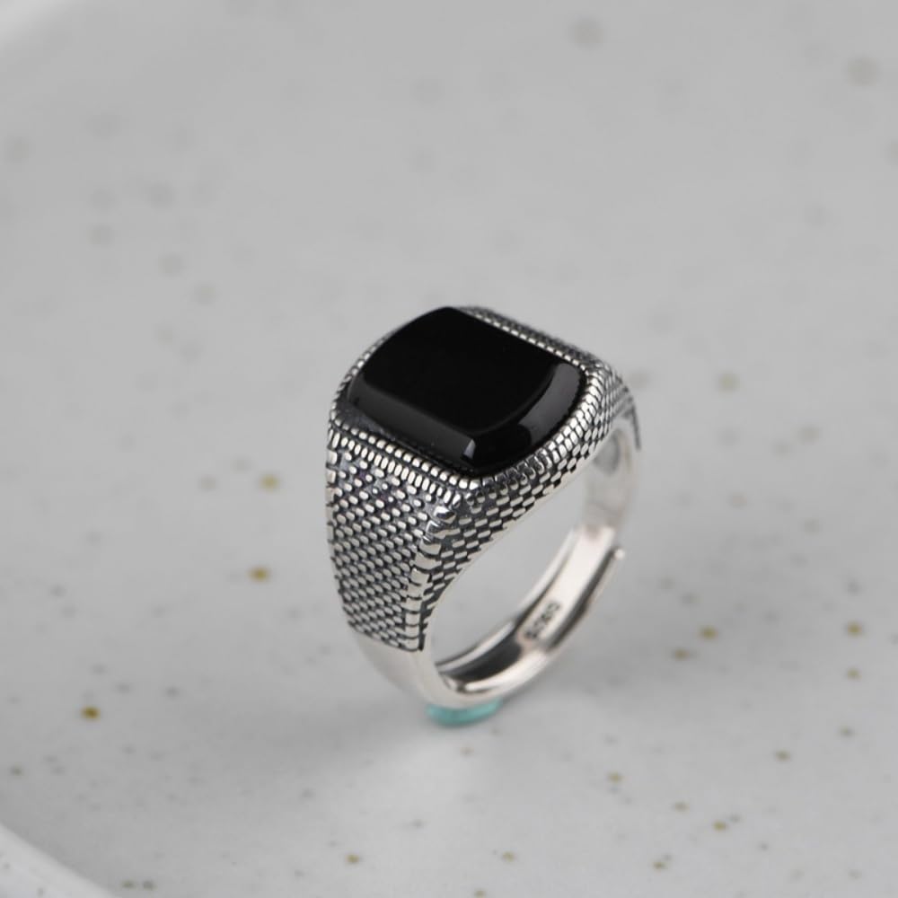 ForFox Anillo vintage de plata de ley 925 con ónix negro para hombre mujer diseño texturizado abierto ajustable