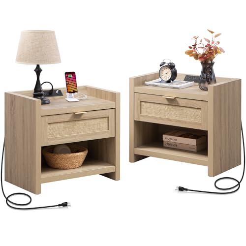 Image of SICOTAS Rattan Nightstands Set of 2 Bedside Table - Boho Night Stand with Type-C Charging Station, Wicker Decor Drawer Storage End Table Night Stands for Bedroom - Light Oak
