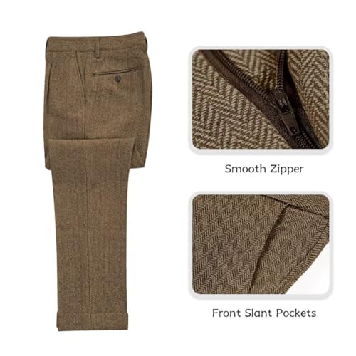 Men's Tweed Herringbone Suit 3 Piece Retro Slim Fit Prom Wedding Groom Tuxedos Set Brown Blazer Vest Pants3