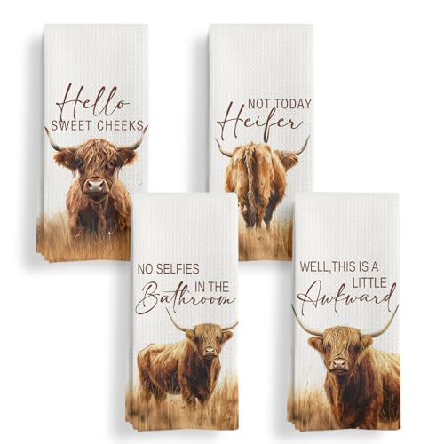 Qeheb Hightland Western Cow Decor Bathroom Towels Set of 4, Farmhouse Hello Sweet Cheeks Hand Towel Decorative Set, Hightland Cow Lover Gifts Hand Tea Towels 16x24In Dish Cloths & Dish Towels