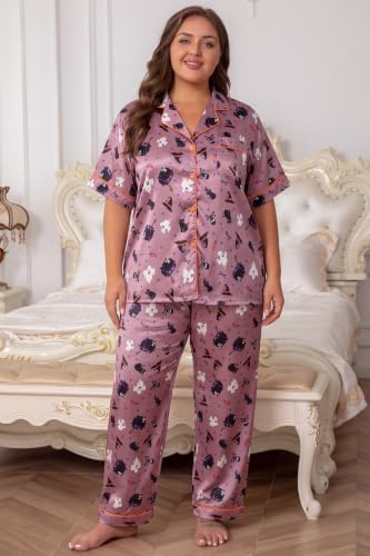 Image of Vozanet Women's Button Down Satin Pajama Sets Silky Short Sleeve Top & Pants Plus Size Loungewear Classic Sleepwear XL to 5XL