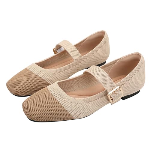 Knit Flats for Women Square Toe Flat Casual Ballet Flats with Ankle Strap Mary Jane Shoes Flats for Women Dressy Comfortable
