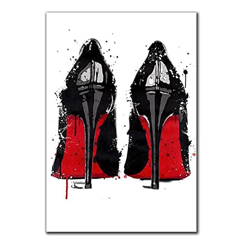 Noir et Rouge Chaussures à Talons Hauts Toile Peinture de Luxe Talons Hauts Affiches Impressions Mur Art Photos pour Salon Décor 30x55cm(12x22in) Inner Frame Cover