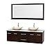 Wyndham Collection Centra 72" Double Bathroom Vanity in Espresso, White Carrera Marble Countertop, Arista Ivory Marble Sinks & 70" Mirror