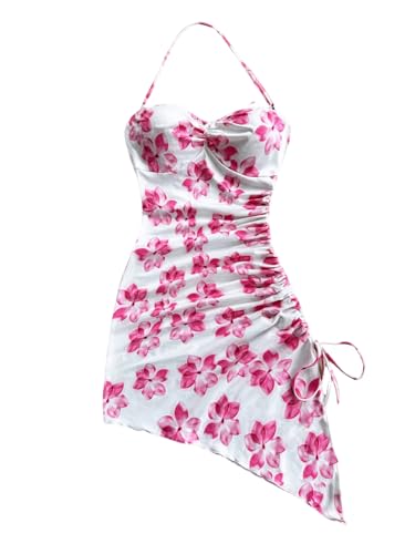 Girl's Floral Halter Dress Side Drawstring Sleeveless Asymmetrical Fitted Short Dresses