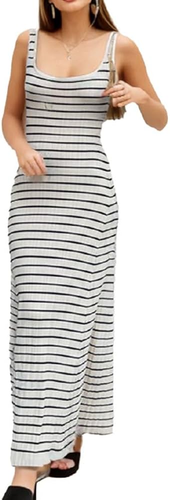 Amazon.com: Women's Casual Bodycon Maxi Striped Tank Ribbed Knit Dress, Square  Neck Sleeveless Fit and Flare Long Knitted Sweater Dresses Apricot :  Clothing, Shoes & Jewelry