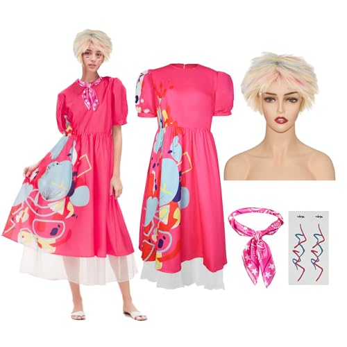 ZOKJFDK Weird Doll Costume Dress 4PCS Pink Doll Costume Adult Women with Wig Scarf and Pattern stickers for Halloween Cosplay (Small)