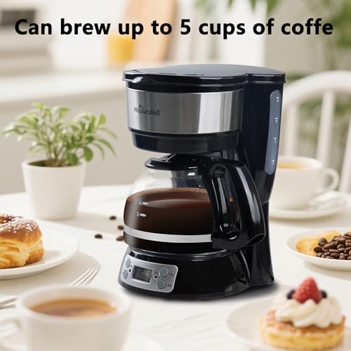 HousesAid 5-Cup Programmable Drip Coffee Maker with Digital Timer, Glass Carafe,24-Hour Auto Brew,2-Hour Auto Shut-Off, Pause & Pour, Removable Filter Basket,Compact Coffee Machine for Home & Office - 5