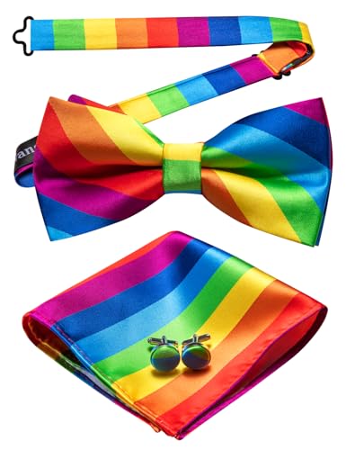 Image of YOHOWA Paisley Striped Men Bow Tie Pre-Tied Formal Adjustable Colorful Bowties Handkerchief Cufflinks Set Wedding Party