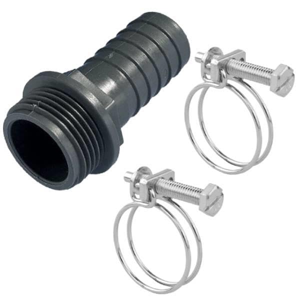 Pisces Pond 38mm 1.5" Male BSP Hosetail Connector with Compatible Double Wire Clips