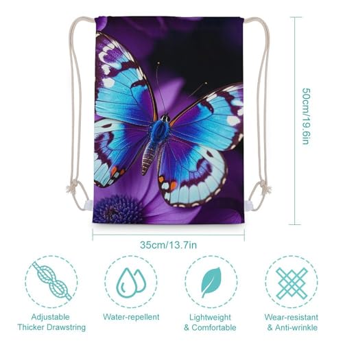 Blue Purple Butterfly Drawstring Backpack Gym Bag Lightweight Sackpack Gift for Hiking Travel Beach Shopping2