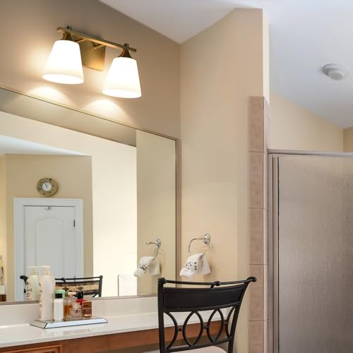 Image of Brass Bathroom Vanity Light Fixtures, 2 Lights Traditional Gold Vanity Lighting Fixture with Opal Glass Shade, Porch Wall Mount Light Fixture for Bathroom, Mirror Cabinets Hallway Stairs, Aged Brass